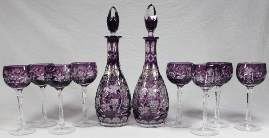 10pc BOHEMIAN AMETHYST ART GLASS DECANTER & STEMS (1 of 6)