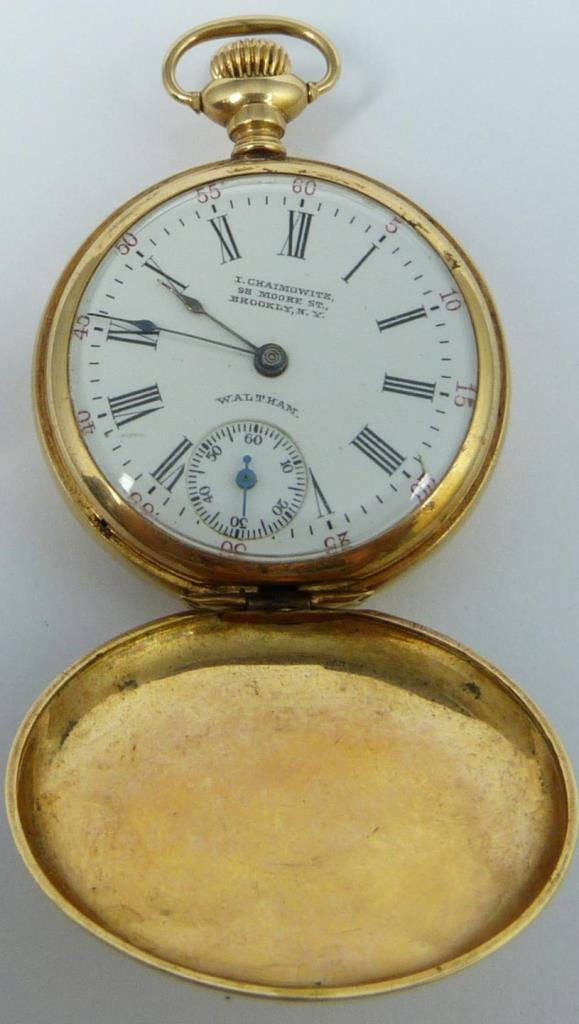 WALTHAM FOR I. CHAIMOWITZ 14K YG POCKET WATCH: American Waltham for I. Chaimowitz 14k yellow gold hunter case case pocket watch having a moon design with marcasite gemstones. Waltham movement number 13582881. Case number 500244. Size approx. 0s co