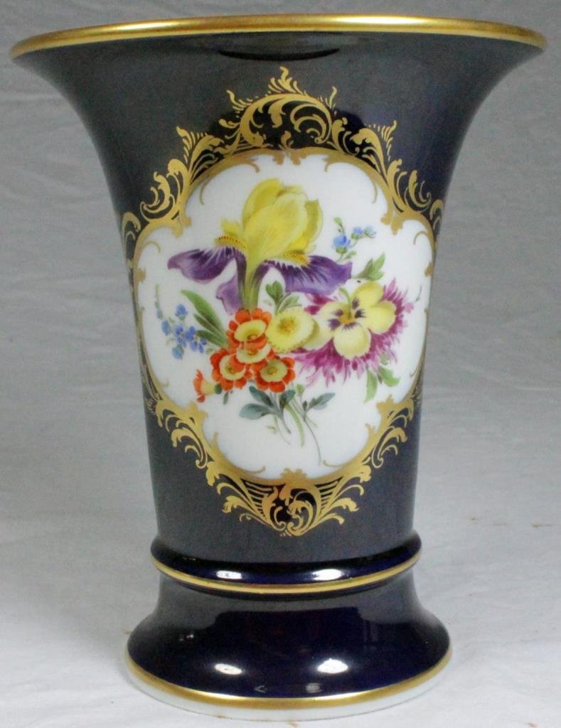 MEISSEN GERMAN PORCELAIN COBALT VOTIVE VASE: Meissen German porcelain votive vase having a hand painted floral sprays design with cobalt ground. Measures approx. 5 1/2" height (14cm). Total weight approx. 344 grams.