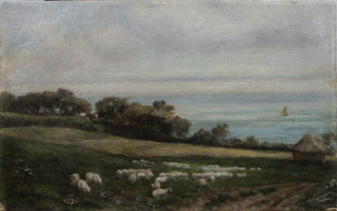 M J FECH OIL PAINTING ON BOARD OF SHEEP SCENE (1 of 6)