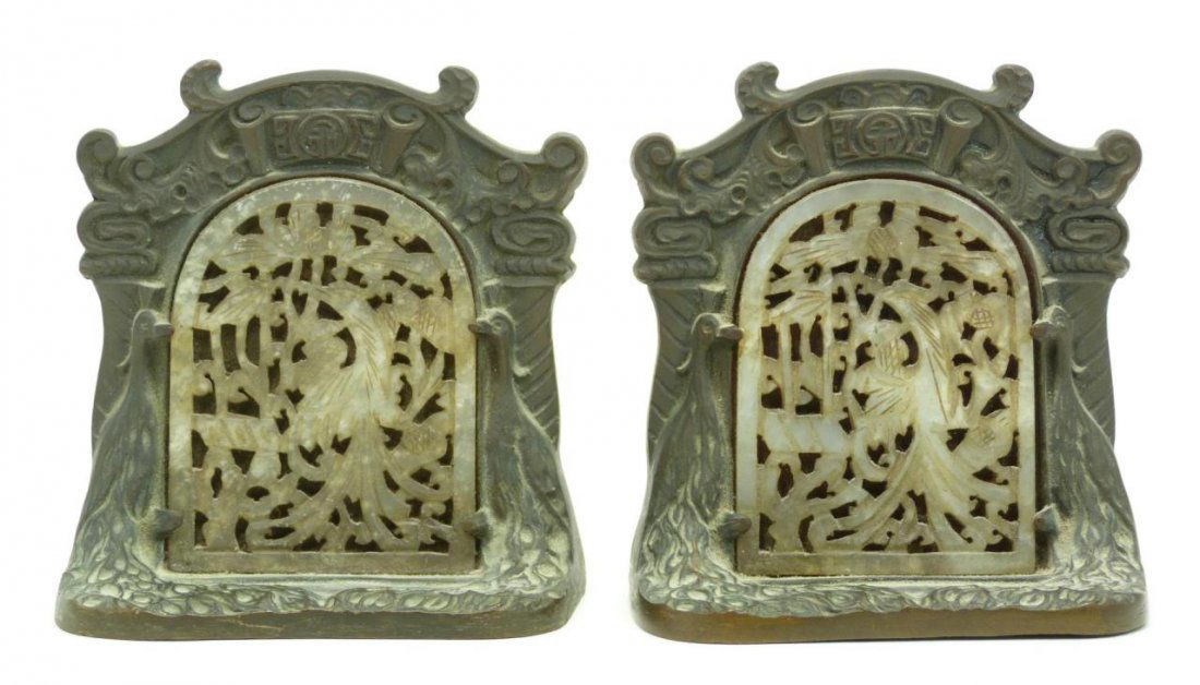 PAIR OF BRONZE & JADE INSERT BOOKENDS (1 of 7)