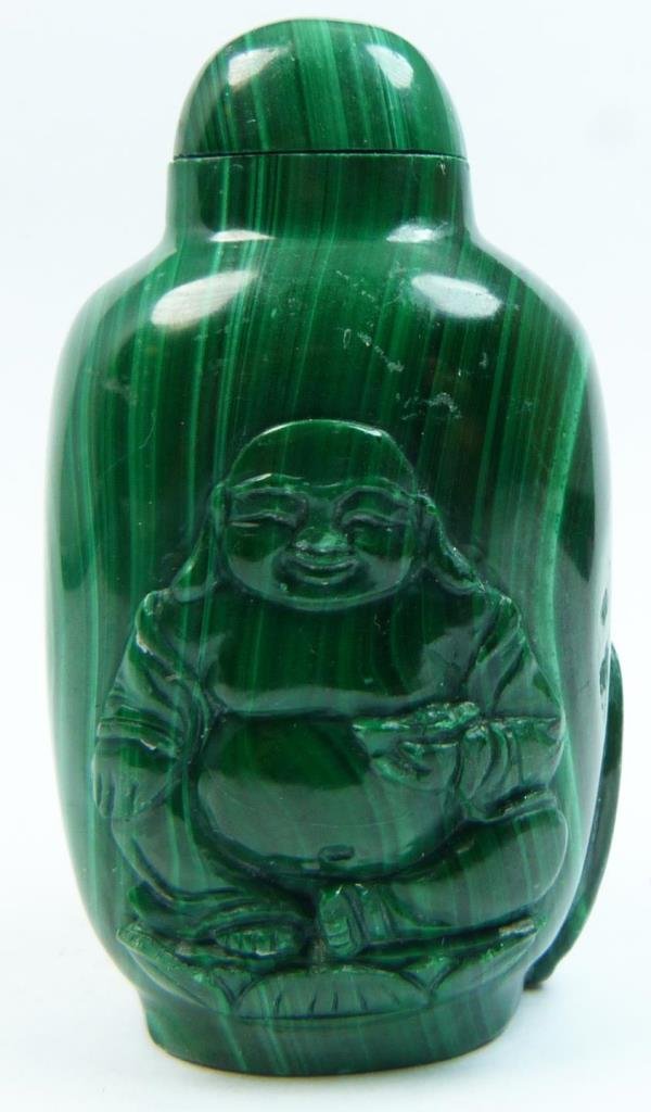 CHINESE CARVED MALACHITE HOTEI SNUFF BOTTLE (1 of 7)