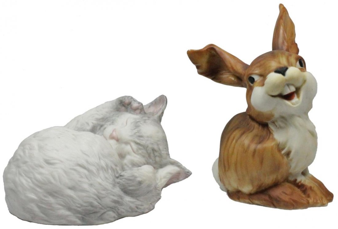 TWO VINTAGE PORCELAIN ANIMALS CYBIS & KAISER: To include a Cybis cat and a Kasier bunny rabbit. Cat measures 5 1/2" (13.97cm) Width. Rabbit measures approx 6 1/2" (16.51cm) Height. Total approx weight 376g.