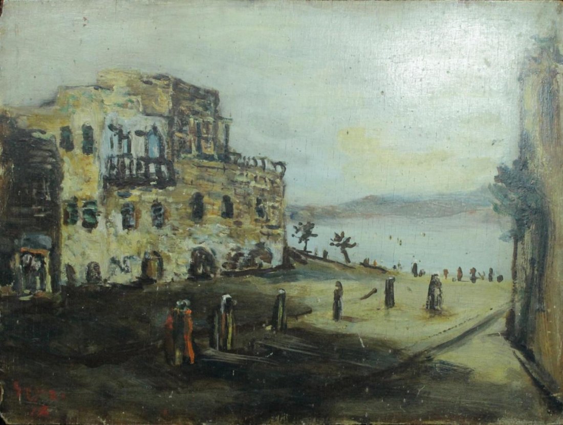 YITZHAK FRENKEL-FRENEL TOWNSCAPE OIL ON BOARD: Yitzhak Frenkel-Frenel (UKRAINIAN/ISRAELI, 1899 - 1981) oil painting on board depicting a townscape scene depicting a street leading to the shore. Signed in red to lower left. Unframed. Measures appro