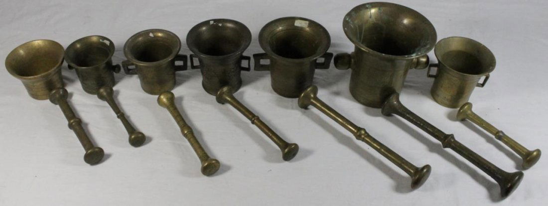 7 19th C BRASS APOTHECARY MORTAR AND PESTLE SETS (1 of 8)
