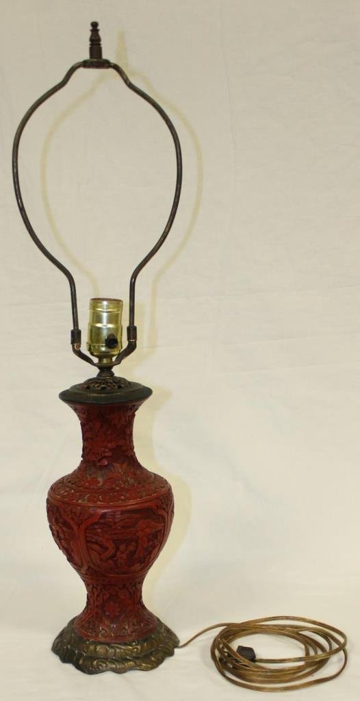 VINTAGE CHINESE CARVED CINNABAR LAMP (1 of 8)