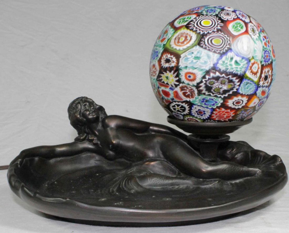 ART NOUVEAU SPELTRE MILLEFIORI SHADE DESK LAMP (1 of 9)