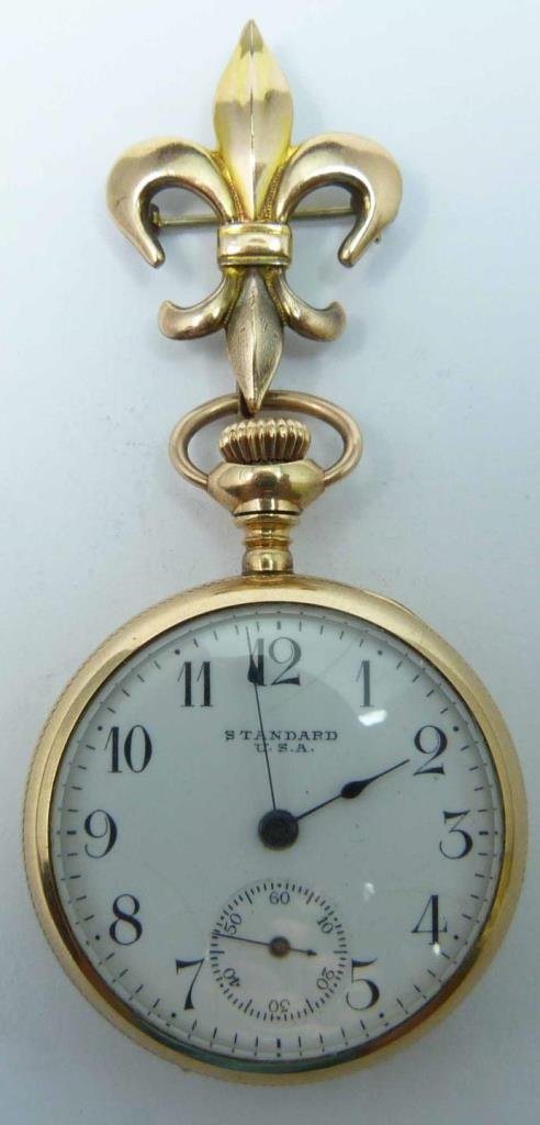 STANDARD 14K YGF OPEN FACE POCKET WATCH WITH PIN (1 of 8)