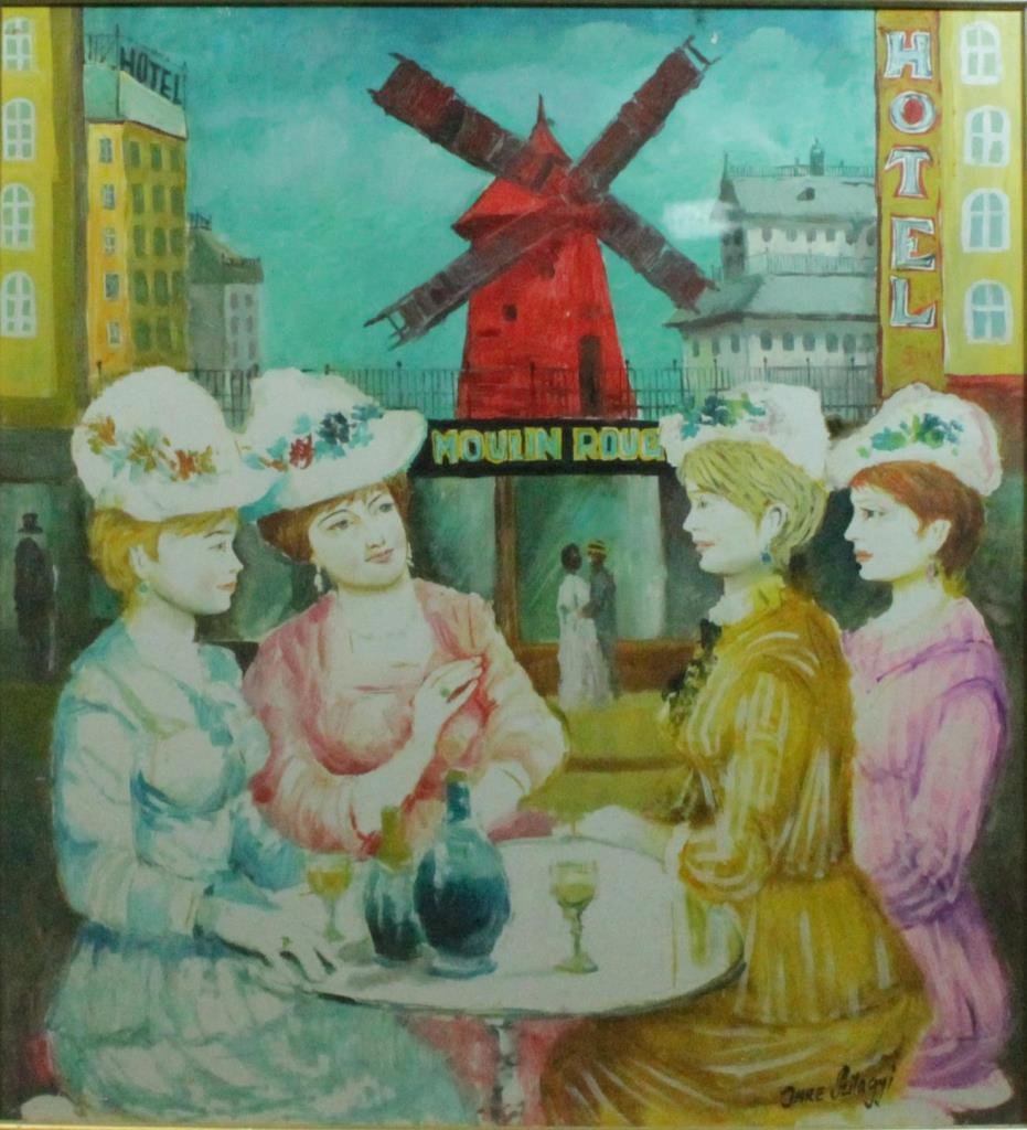 SZILAGYI PARIS STREET SCENE PASTEL WORK ON PAPER: Imre Szilagyi (RUSSIAN/HUNGARIAN, 20th century) pastel work on paper depicting a Parisian street scene with four women seated at a table and drinking wine. Mounted in a gold tone frame behind acrylic 