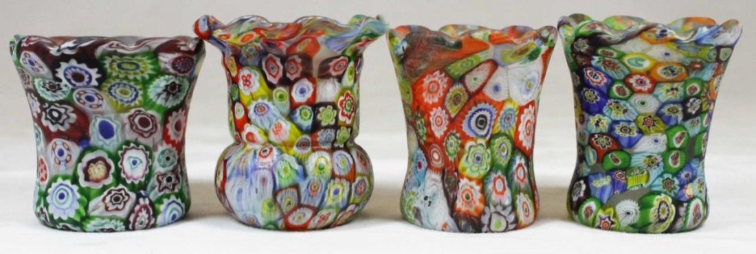 4 MILLEFIORI ART GLASS TOOTHPICK VASES: A lot of 4 Millefirori art glass toothpick holders with scalloped and ruffled rims. Each approx. 2 3/4" height (7cm). Total weight approx. 395 grams.