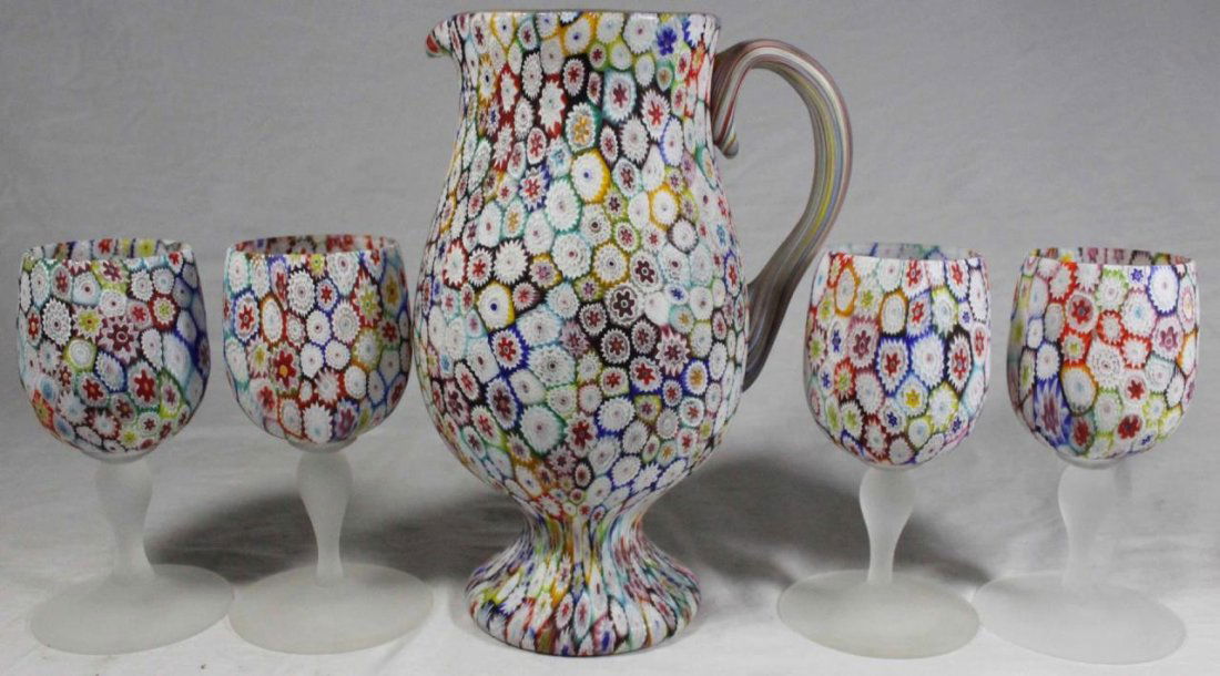 5pc MILLEFIORI LOT FOOTED PITCHER & STEM GLASSES (1 of 4)