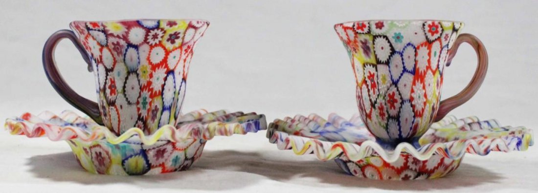 LOT OF 2 MILLEFIORI ART GLASS CUP & SAUCER SETS (1 of 8)