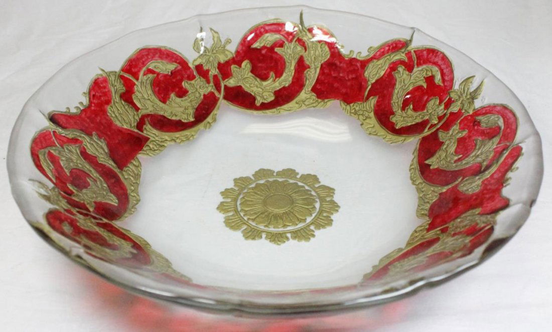 VINTAGE CONTINENTAL CLEAR TO RUBY GLASS WIDE BOWL (1 of 7)