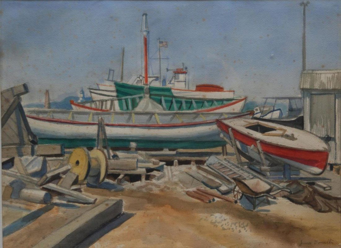 JAMES BONELLI "BOAT YARD, GLOUCESTER MASS": James Bonelli (AMERICAN, 1916 - 2000) watercolor titled "Boat Yard, Gloucester Mass". Measures approx. 23" (58.42cm) Width x 17" (43.18cm) Height + 3 1/2" mat and frame. Total approx. weight 5lbs.