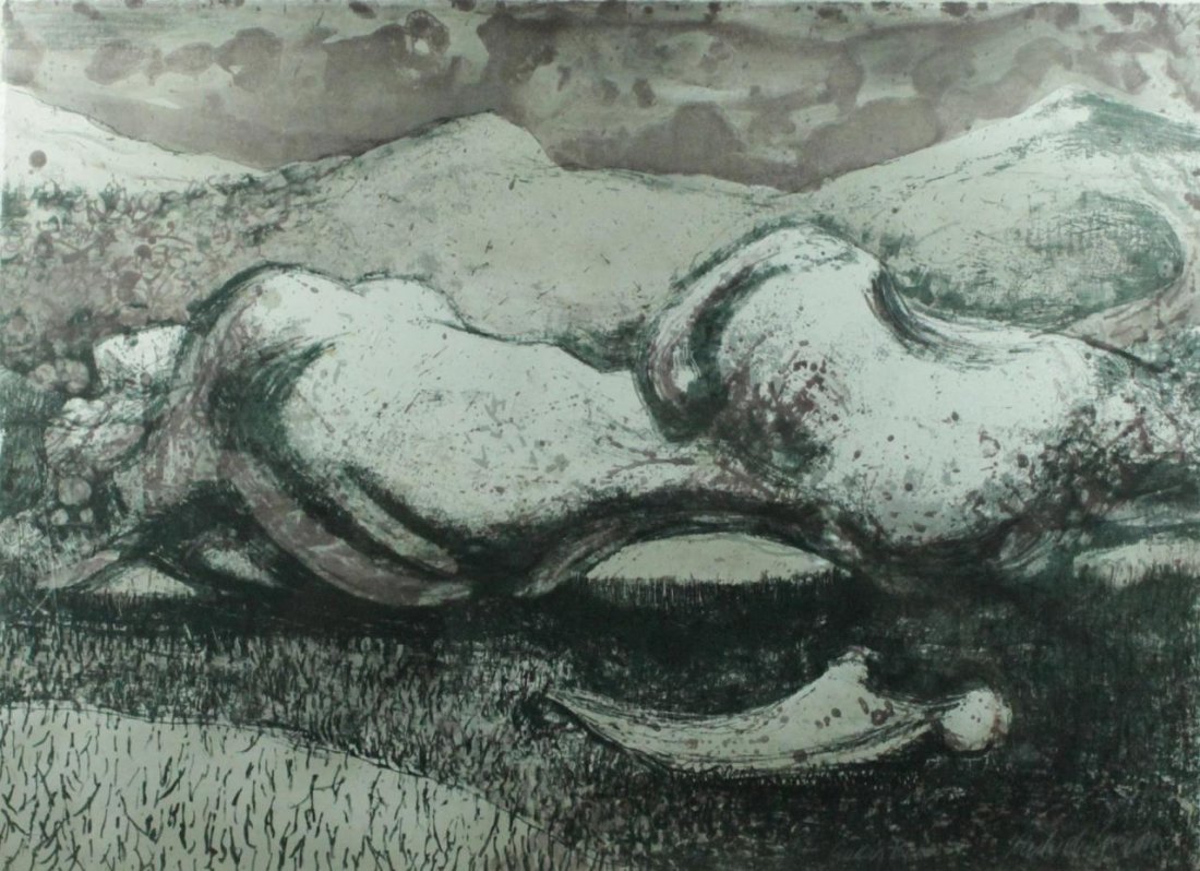 MICHAEL CROYDEN COLOR LITHO 'GAEA'S BONES': Michael Croyden (ENGLISH, 1935 - ) color lithograph depicting a horizontal of abstracted mounted range scene interpreted as the bones of the Goddess Gaea. At center, left to right, white bone images r