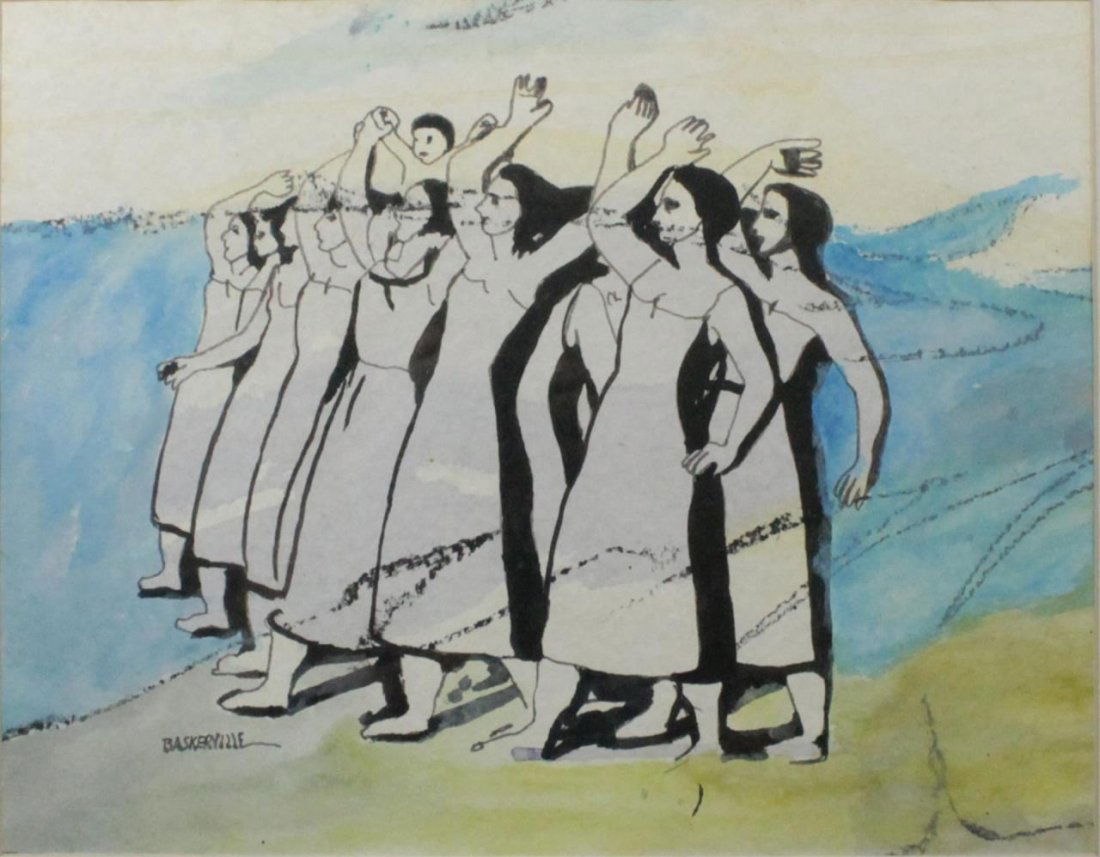 BASKERVILLE WATERCOLOR WORK ON PAPER OF WOMEN: Charles Baskerville Jr. (AMERICAN, 1896-1994) watercolor work on paper depicting women and children. Signed 'BASKERVILLE' to lower left. Mounted in a gold tone wooden frame with matting behind glass s