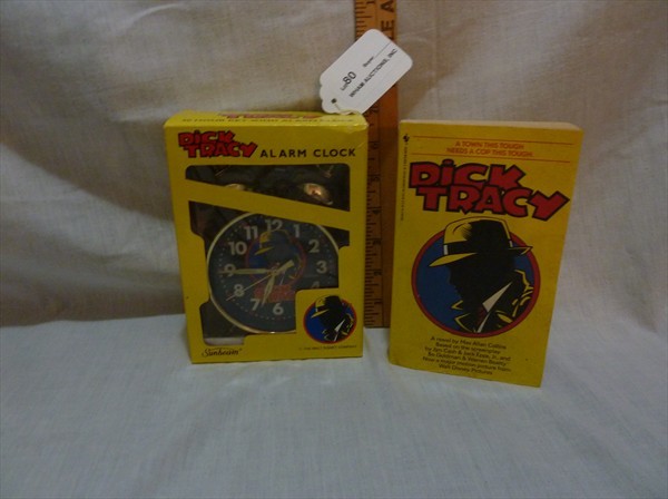 One of a Kind Old New Stock Dick Tracy Alarm Clock : Novel by Max Allen Collins, Clock is Time & Alarm, Never Used, Wind Up, Circa 1990 by Sunbeam