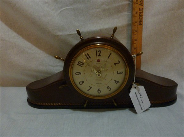 Ship's Wheel Clock: Original Case & Dial - movement has been replaced w/ battery movement that keeps great time, Walnut Case w/ Swirling & Brass Accents