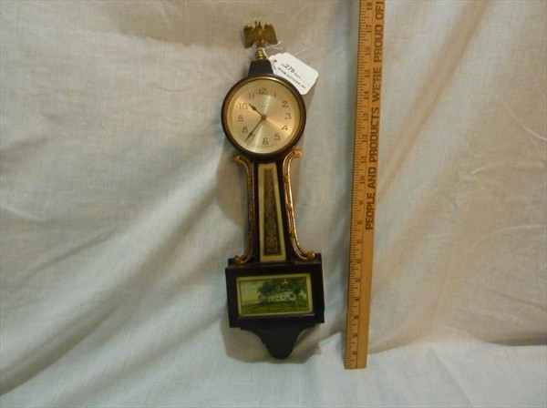 New Haven Miniature Banjo Clock: Excellent Original Condition, 12 Day, w/ Jefferson House, Circa 1928
