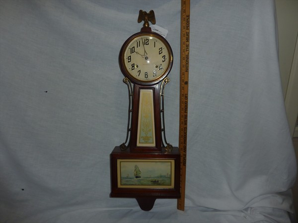 Near Mint Condition Original New Haven Banjo Clock: 8 Day Time & Strike on Rods, All Original, Mahogany Case, Runs Great, Circa 1920