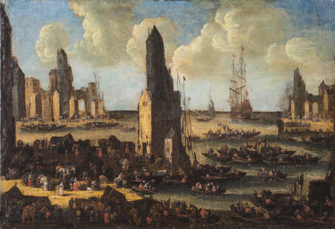 Continental School (18th/19th Century): Busy Docks. Oil on canvas, 18th/19th century. Unsigned. Canvas size 15 x 22 inches. Notice to bidders: Condition reports and additional photographs are provided by request as a courtesy to our clients