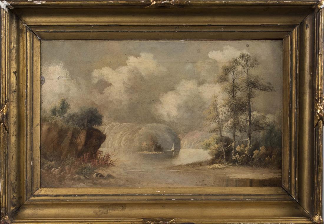 William Merritt Post (American, 1856 - 1935): Misty River Scene. Oil on canvas, 19th/20th century. Canvas size 12 x 20 inches. Framed. Notice to bidders: Condition reports and additional photographs are provided by request as a courtesy to our cl