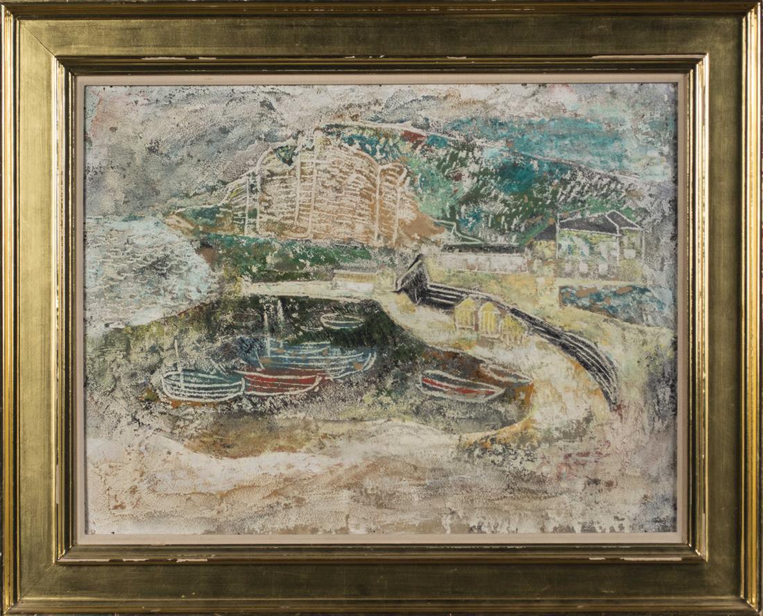 Attr. to Jean Volang (Vietnamese, 1921 - 2005): Coastal Scene. Mixed media on board, 20th century. Unsigned. Board size 19.75 x 25.5 inches. Framed. Notice to bidders: Condition reports and additional photographs are provided by request as a courte