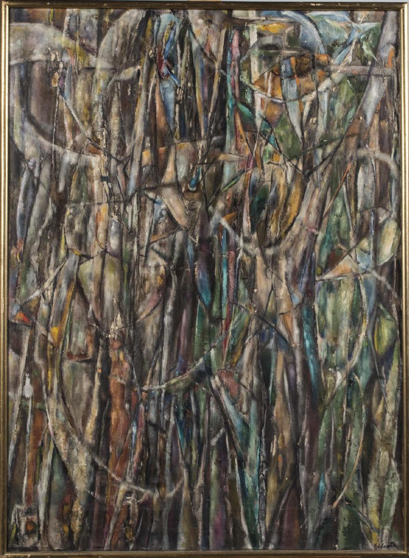 Cubist Style Abstract: Abstract Composition. Oil on canvas, mid-20th century. Signed 'Elliot' (LR). Canvas size 36 x 27 inches. Framed. Notice to bidders: Condition reports and additional photographs are provided by request