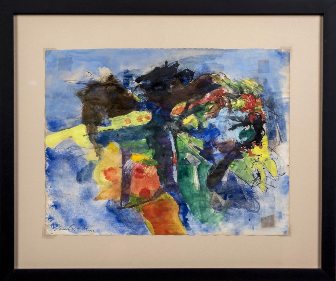 Warren Brandt (American, 1918 - 2002): Abstract. Watercolor on paper, 1962. Signed and dated (LL). Sheet size 10.5 x 14 inches. Framed. Notice to bidders: Condition reports and additional photographs are provided by request as a courtesy t
