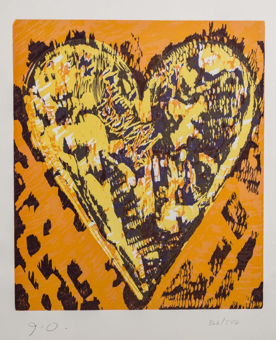 Jim Dine (American, b. 1935) *: Heart for Film Forum. Color woodcut, 1993. Initialed and numbered 366/500 in pencil, lower margin. Published by Pace Editions. Sheet size 23 x 17.5 inches. Notice to bidders: Condition reports and add