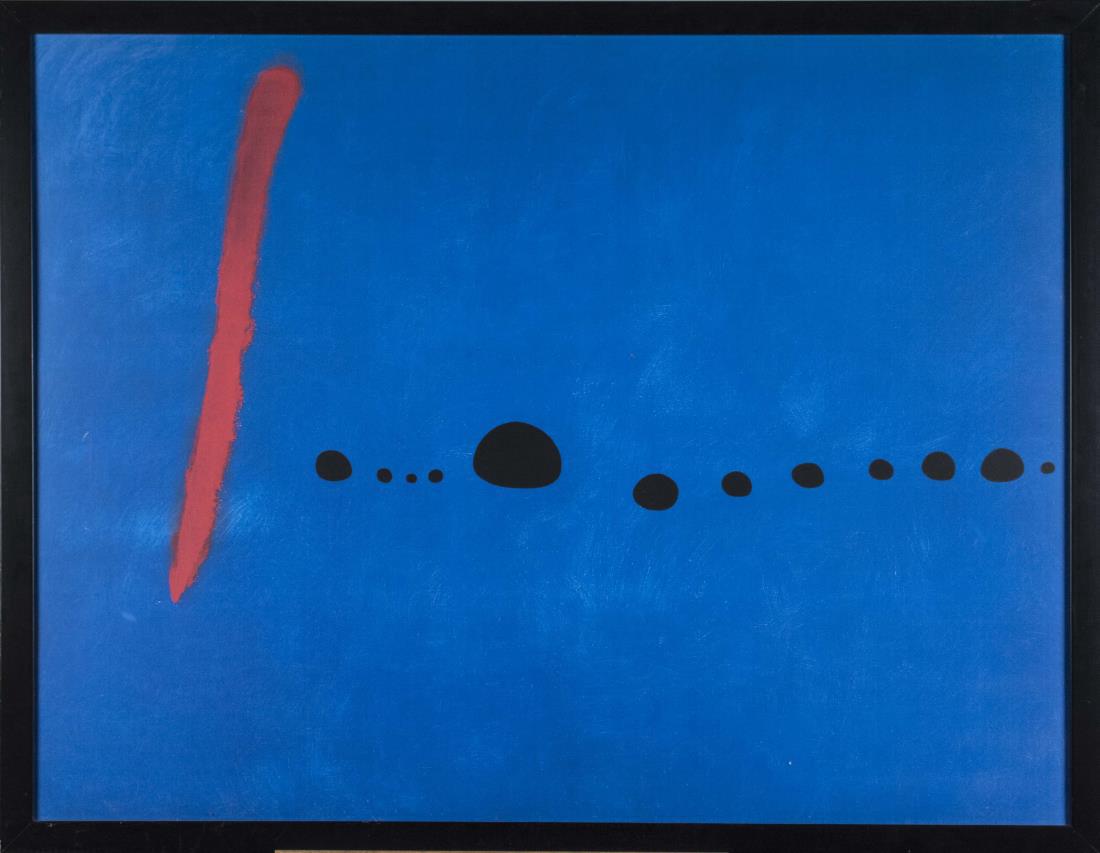 Joan Miro Modern Art Poster: Blue II (1961) (Part of Triptych). Offset lithograph, 20th century. Overall size 42 x 53.5 inches. Framed. Notice to bidders: Condition reports and additional photographs are provided by request as a 