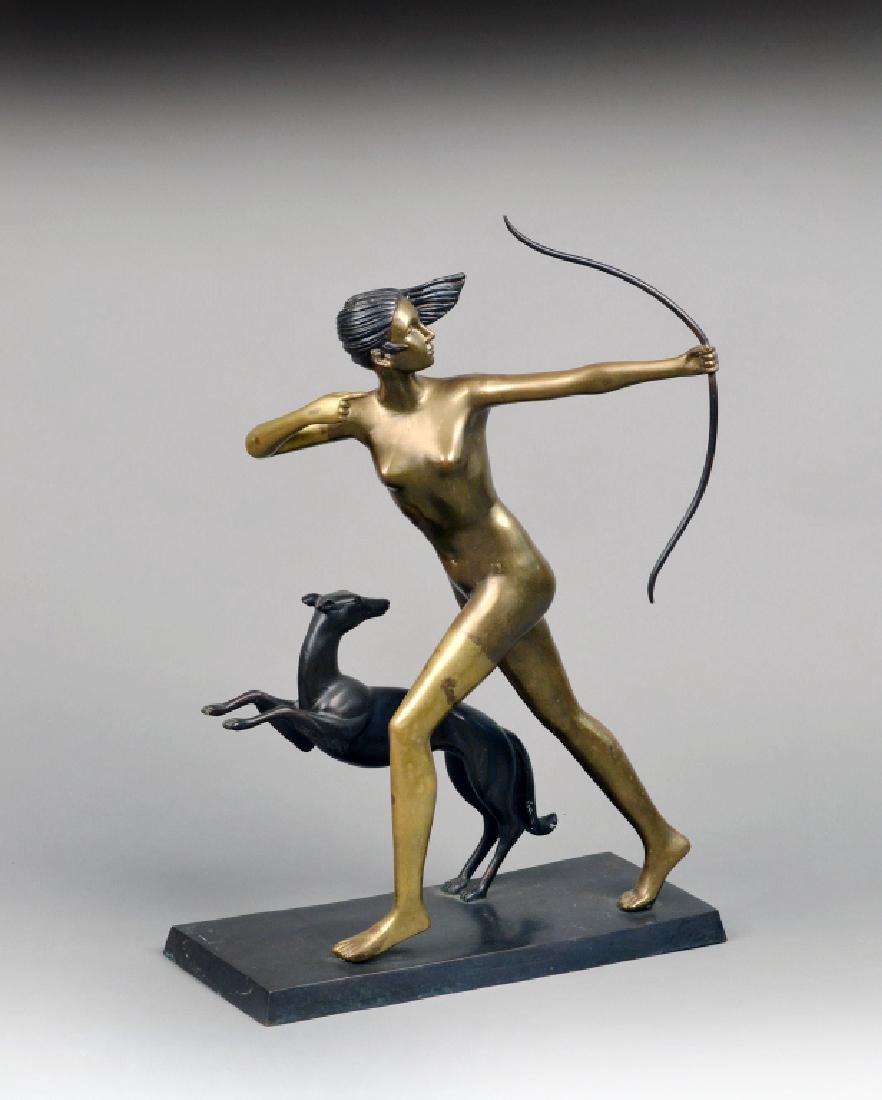 Attr. to Marcel Bouraine (French, 1896-1948).: Diana and the Hound. Bronze sculpture. Height 30 inches, width 20 inches. Notice to bidders: Condition reports and additional photographs are provided by request as a courtesy to our clients, as such 