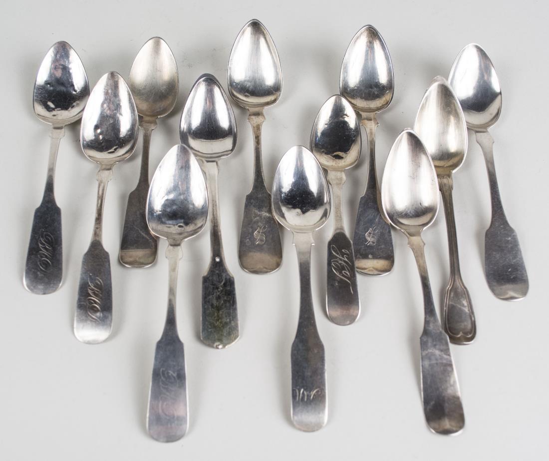 Group of American Coin Silver Teaspoons: Most Fiddle pattern, various makers, including B. Lownes, Bixler & Fox, B & W Forbes, Boston, etc. Total 192 grams. Notice to bidders: Condition reports and additional photographs are provided by requ