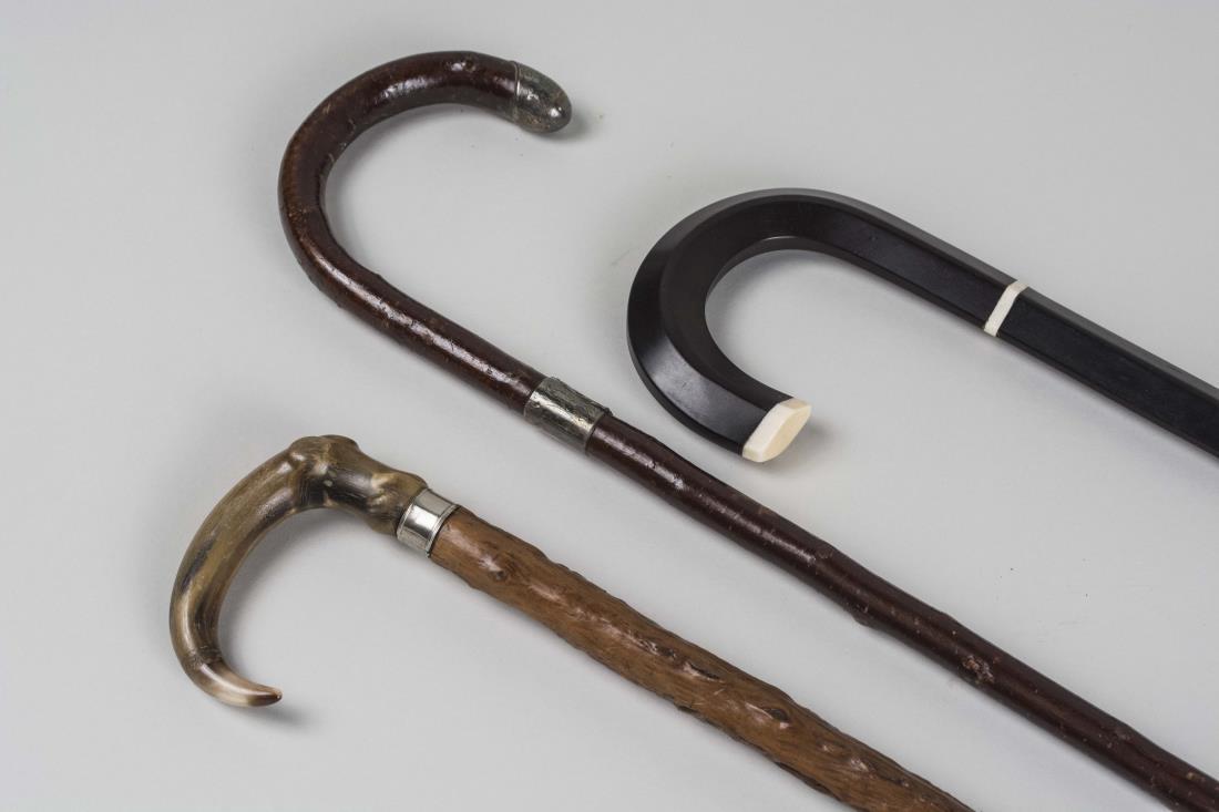 Three Walking Sticks: One ebonized wood stick, one with horn handle and another with English silver mount. Tallest, height 36 3/4 inches. Notice to bidders: Condition reports and additional photographs are provided by requ