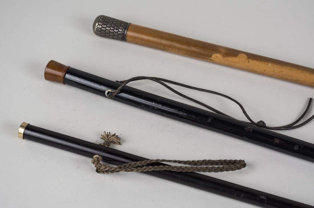 Three Vintage Walking Sticks: Two ebonized wood sticks and another with sterling handle. Tallest, height 36 1/2 inches. Notice to bidders: Condition reports and additional photographs are provided by request as a courtesy to our c