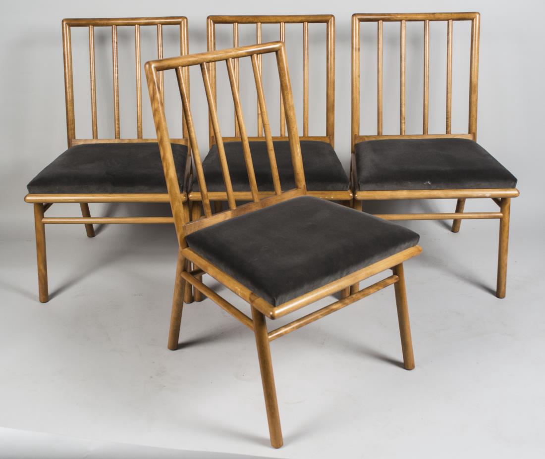 T.H. Robsjohn-Gibbings Set of Four Chairs: Open spindle backs with upholstered seats. Height 35 inches, width 21 inches, depth 21 inches. Notice to bidders: Condition reports and additional photographs are provided by request as a courtesy to 