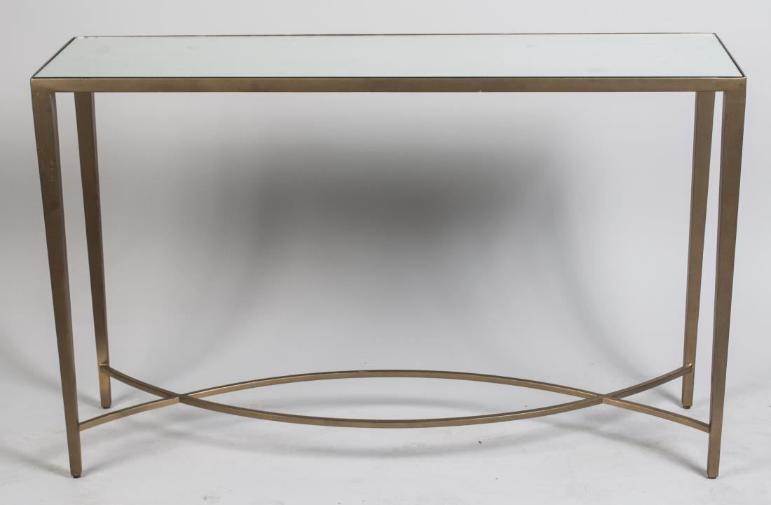 Mirror Top Metal Console Table: Rectangular mirror inset top, on square tapered legs joined by a modified X stretcher. Height 20 inches, width 48 inches, depth 14 inches. Notice to bidders: Condition reports and additional photograp