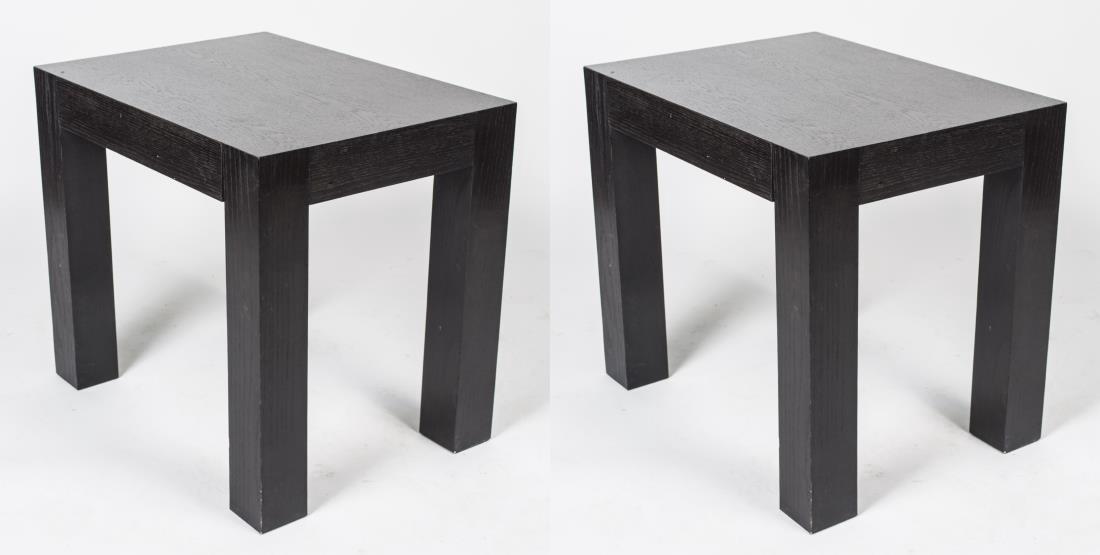 Pair of Parson Style Ebonized Wood Side Tables: Each with a rectangular top over a single drawer, on four square block legs. Height 24 inches, width 27 inches, depth 20 inches. Notice to bidders: Condition reports and additional photographs are pro