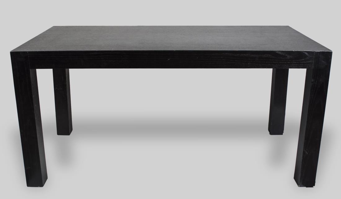 Parson Style Ebonized Wood Writing Table: Rectangular top over a single short drawer, on square block legs. Height 30 inches, width 62 inches, depth 30 inches. Notice to bidders: Condition reports and additional photographs are provided by re