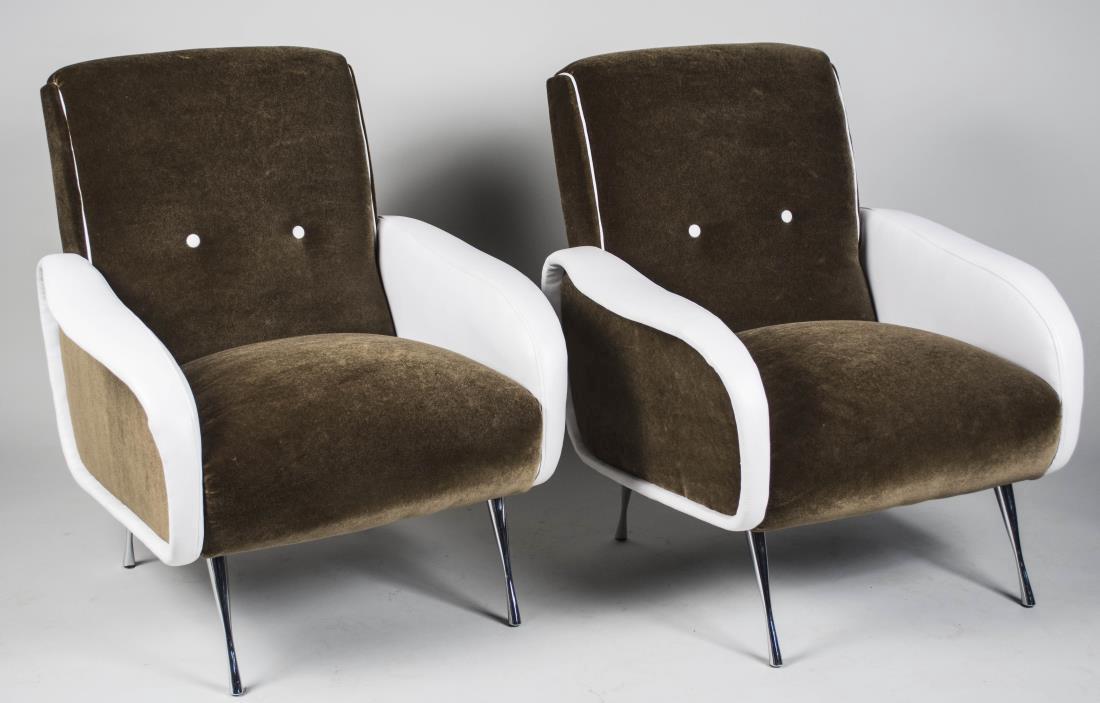 Pair of Marco Zanuso Style Chairs: Button tufted brown mohair upholstered back and seat with white leather upholstered arms, on chrome legs. Height 36 inches, width 33 inches, depth 35 inches. Notice to bidders: Condition reports and a