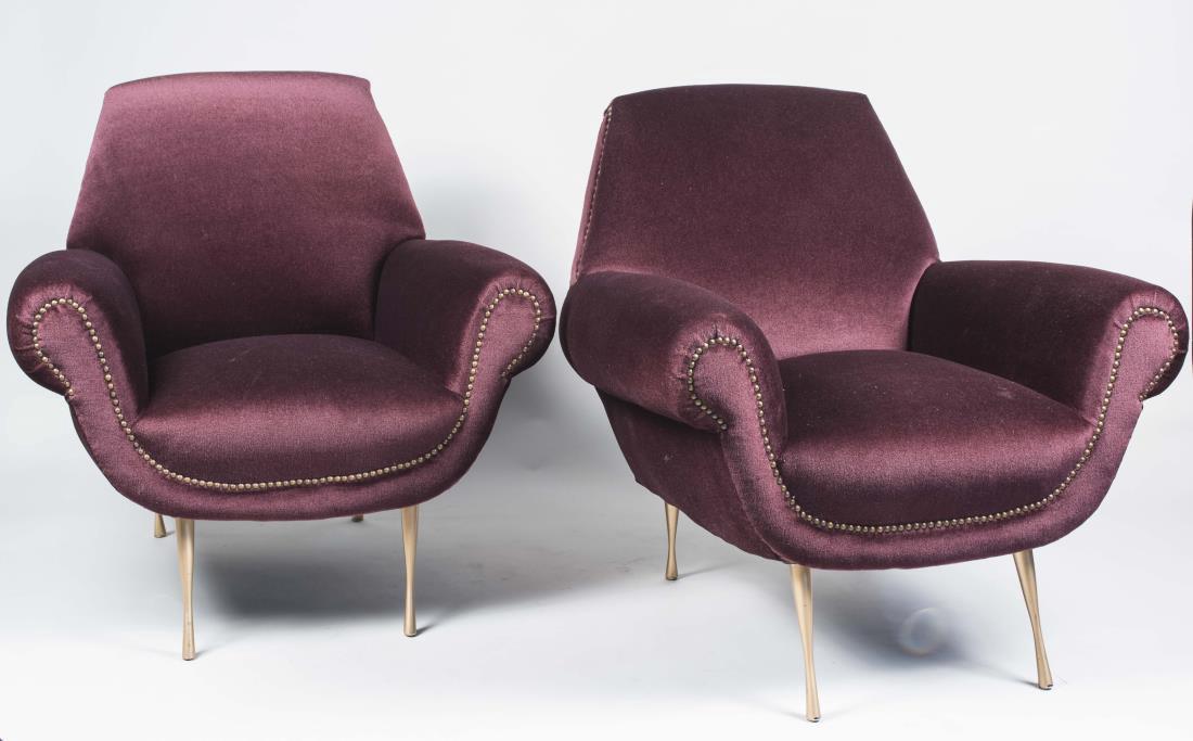 Gigi Radice for Minotti Pair of Armchairs: Manufactured By: Renzo Minotti, with wine colored mohair upholstery and nail head decoration. Literature: Rivista Dell'arredamento Jan. 1958, Height 35 inches, width 35 inches, depth 33 inches. Notice