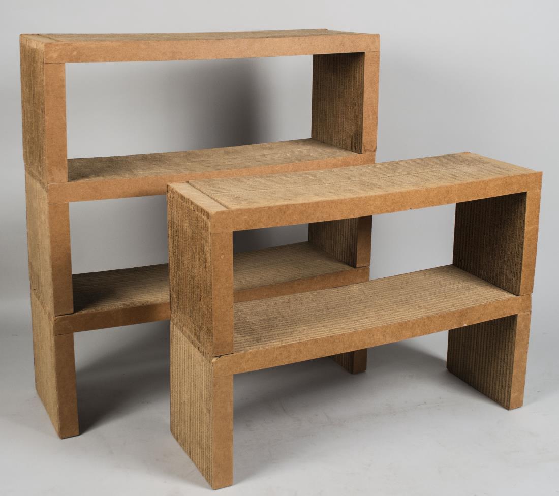 Set of Five Frank Gehry Stacking Shelves: Each pressed corrugated cardboard with rectangular top on two supports. Each individual shelf, height 14 inches, width 38 inches, depth 12 inches. Notice to bidders: Condition reports and additional p
