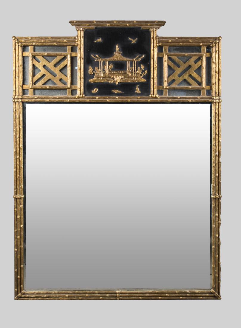 Chinese Chippendale Style Gilt Wood Mirror: Rectangular plate, with a architectural pediment with garden scene and animal decoration, and faux bamboo frame. Height 52 inches, width 39 inches. Notice to bidders: Condition reports and additional 