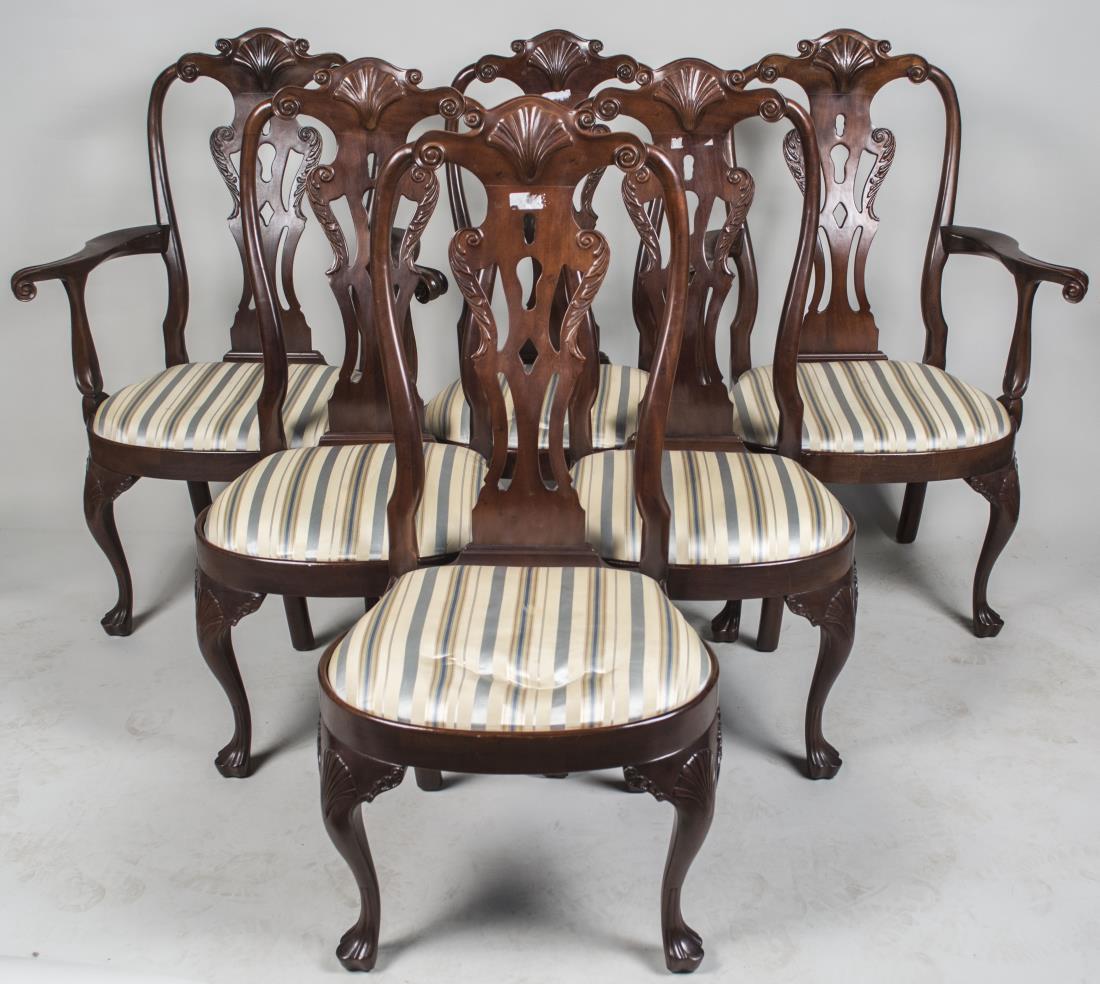 Set of Eight Henredon Dining Chairs *: Comprising two armchairs and six side chairs, with shell carved crest rail, vasiform pierced splat, upholstered seat, and cabriole front legs ending in trifid feet. Height 44 inches, width 32 inches, 