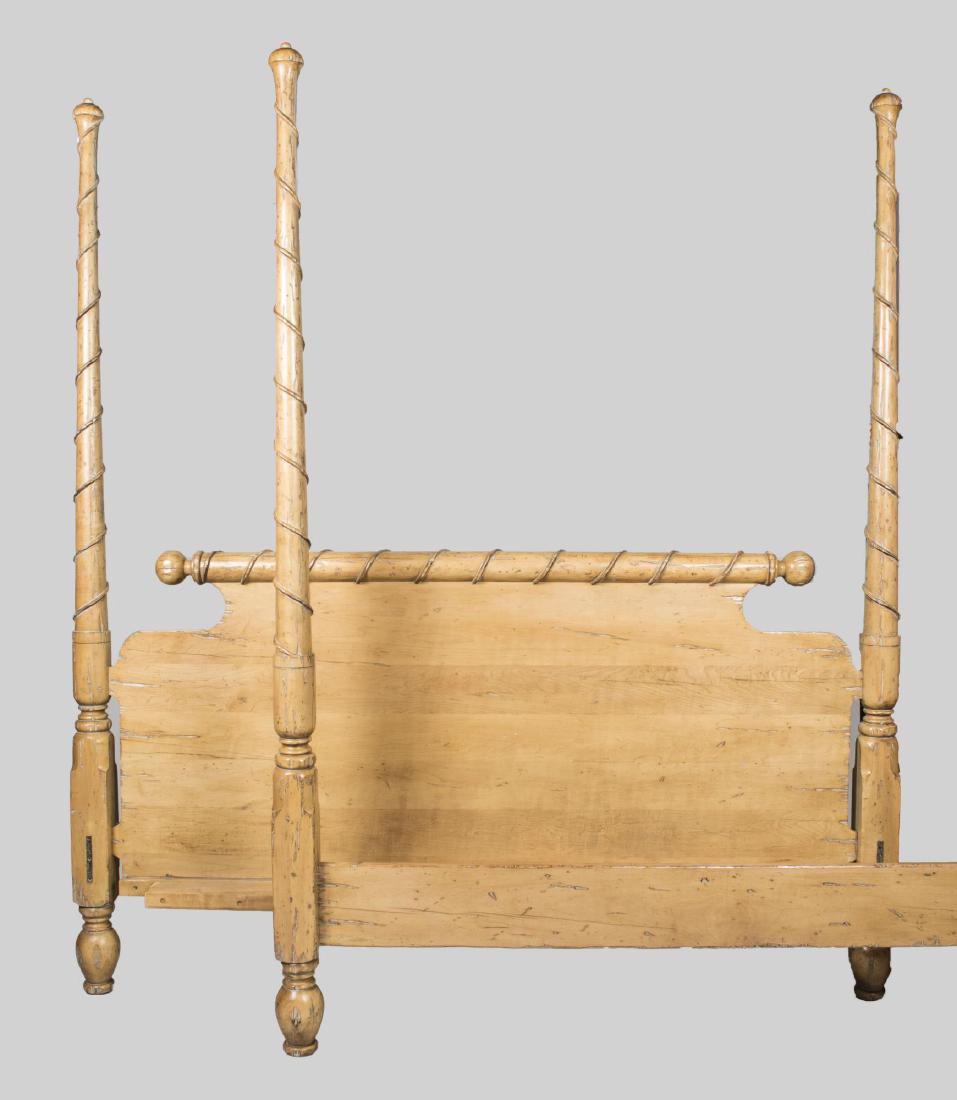 Fruitwood Four Post Bed: King size. Headboard 7 feet 10 inches x 7 feet 2 inches. Notice to bidders: Condition reports and additional photographs are provided by request as a courtesy to our clients, as such any condition rep