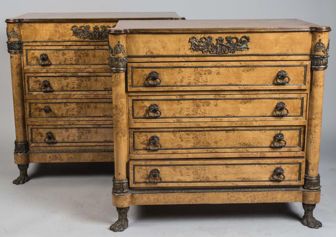 Pair of Beidermeier Style Chests: Each bronze mounted with rectangular top with outset front corners, over four drawers flanked by columns, on bronze paw feet. Height 37 inches, width 38 inches, depth 19 inches. Notice to bidders: Con
