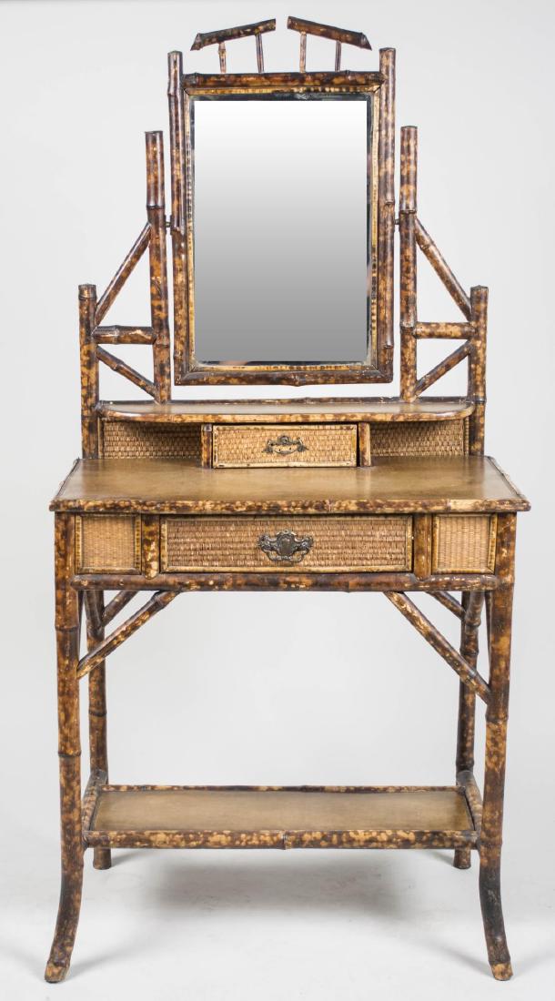 Regency Style Faux Bamboo Shaving Stand: Central mirror over a one drawer dressing table with set back shelf with drawer. Height 62 inches, width 30 inches, depth 17 inches. Notice to bidders: Condition reports and additional photographs are