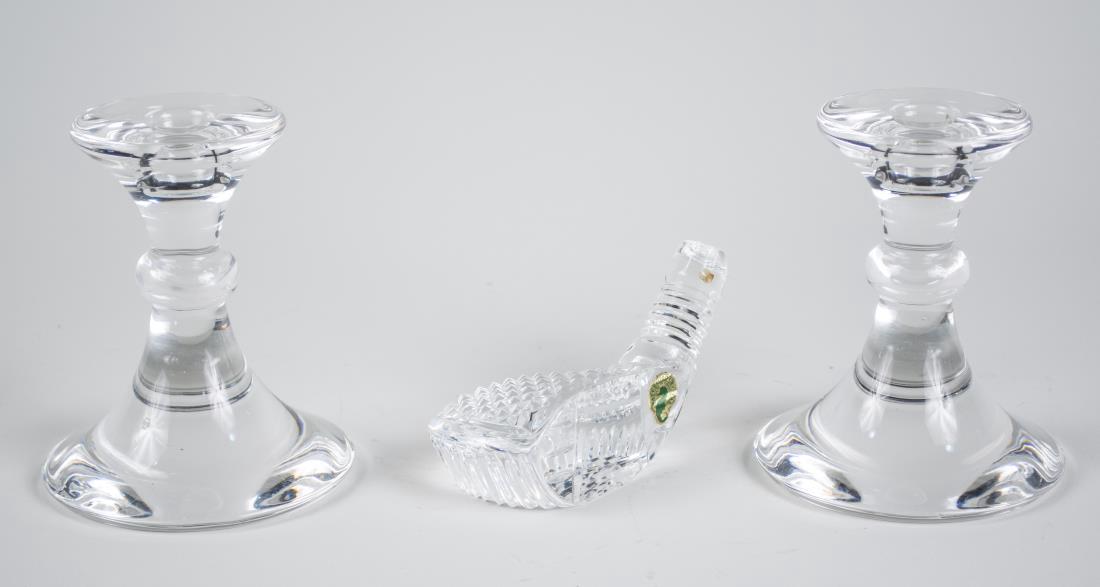 Pair of Val St. Lambert Crystal Candlesticks: Tapered knopped sticks with spreading foot, signed on the bottom, height 5 1/2 inches; together with a Waterford crystal golf club paperweight, height 2 3/4 inches. Notice to bidders: Condition report