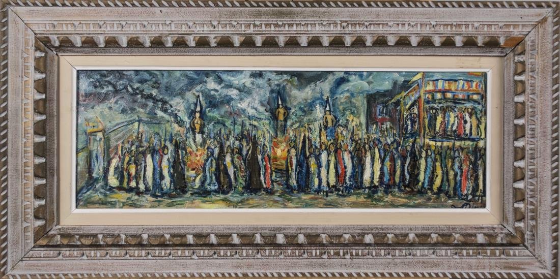 JosÃ© (or Felipe) Diez Sada (Spanish, 20th Century): Group of people. Oil on canvas, 1964. Signed 'Diez Sada' (LR) with label on the verso. Board size 9.5 x 25 inches. Framed. Notice to bidders: Condition reports and additional photographs are provided 