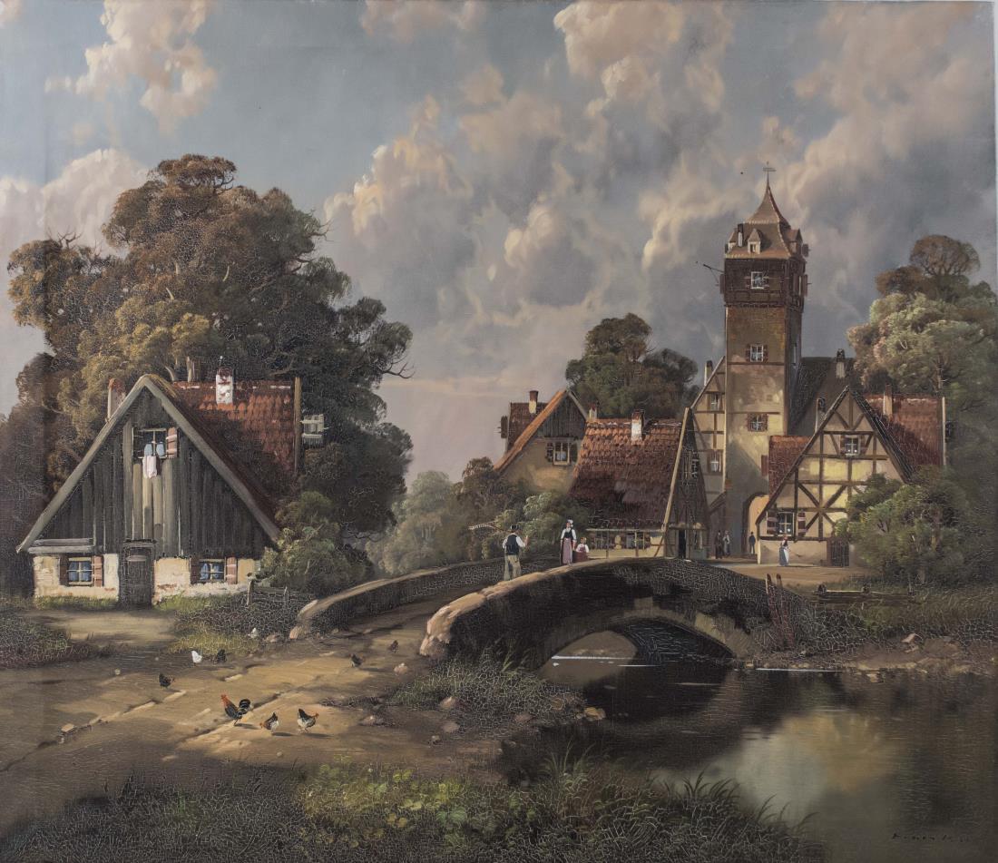 Continental School (20th Century): Bridge in town. Oil on canvas, 20th century. Signed illegibly lower right. Canvas size 27 x 31 inches. Notice to bidders: Condition reports and additional photographs are provided by request as a cour
